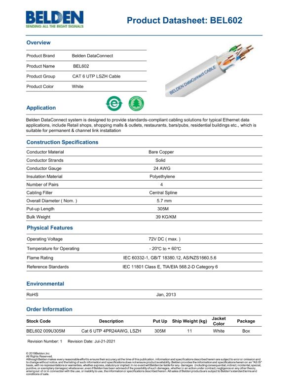 BELDEN CAT6 UTP Cable BEL602 (24AWG) Blue Supply