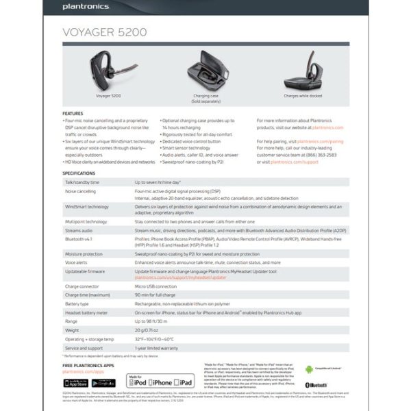 Plantronics VOYAGER 5200 Series Bluetooth Headset Ear-hook Earphone Noise-cancelling Online Sale